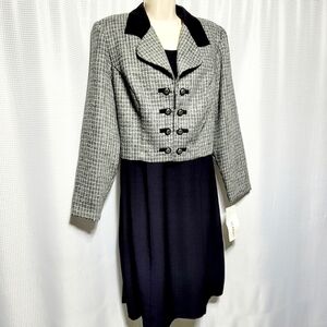 80s Scarlett M Black Sleeveless Dress & Tweed Jacket set Women's (16) Made U.S.A